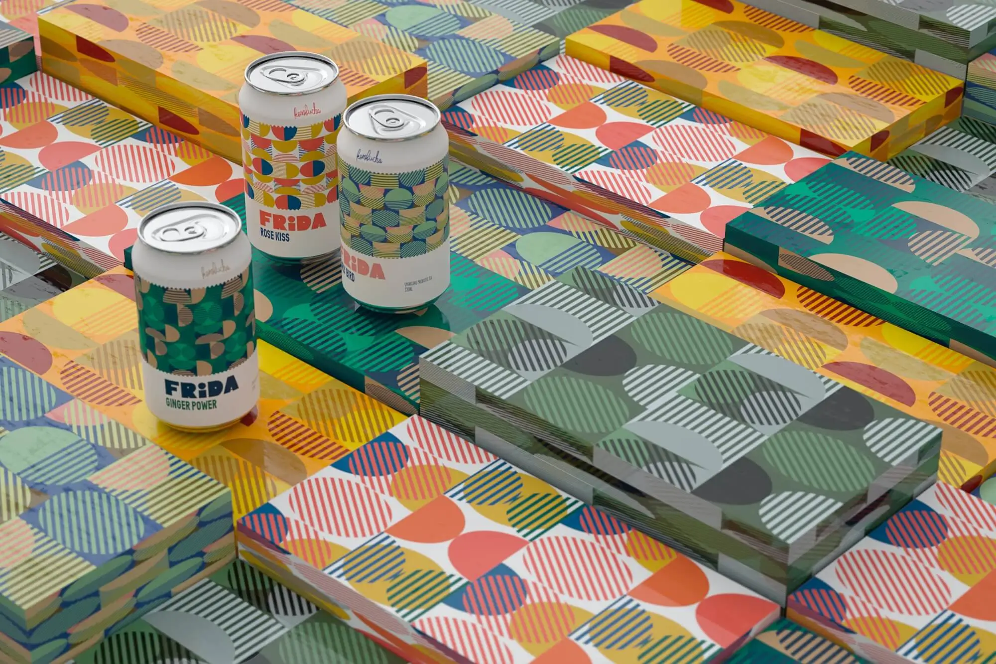 Brightly colored cans and boxes with geometric shapes
